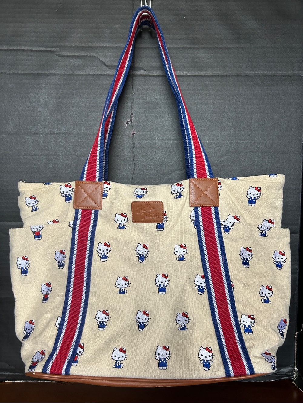 SANRIO Emroidered Hello Kitty Beige Canvas Tote with Red & Blue Straps